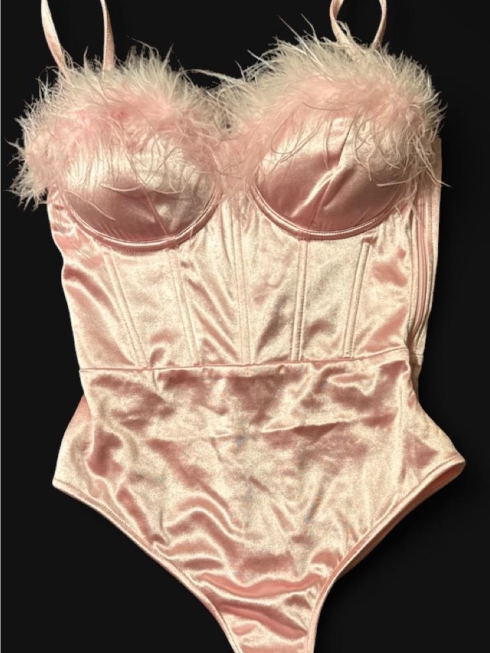 Windsor Pink Satin Feather-Trim Bodysuit